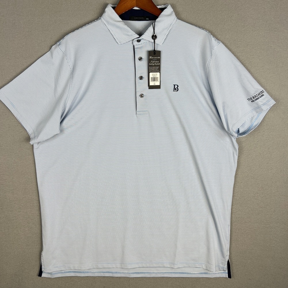Greyson Saranac Striped Golf Polo Shirt Mens XXL Stretch Blue White The Breakers